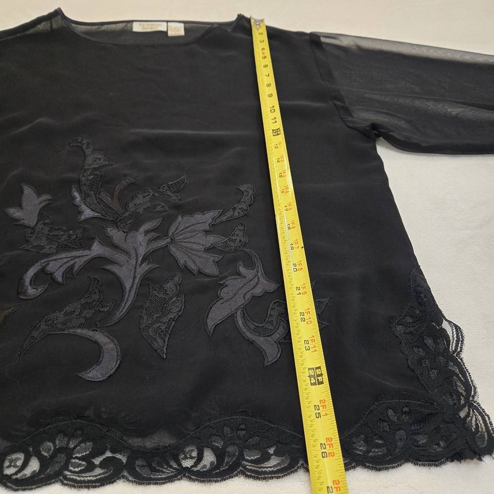 Vintage Victorias Secret Black Sheer Floral Embroidered Lace Trim Blouse Top L - Picture 8 of 13